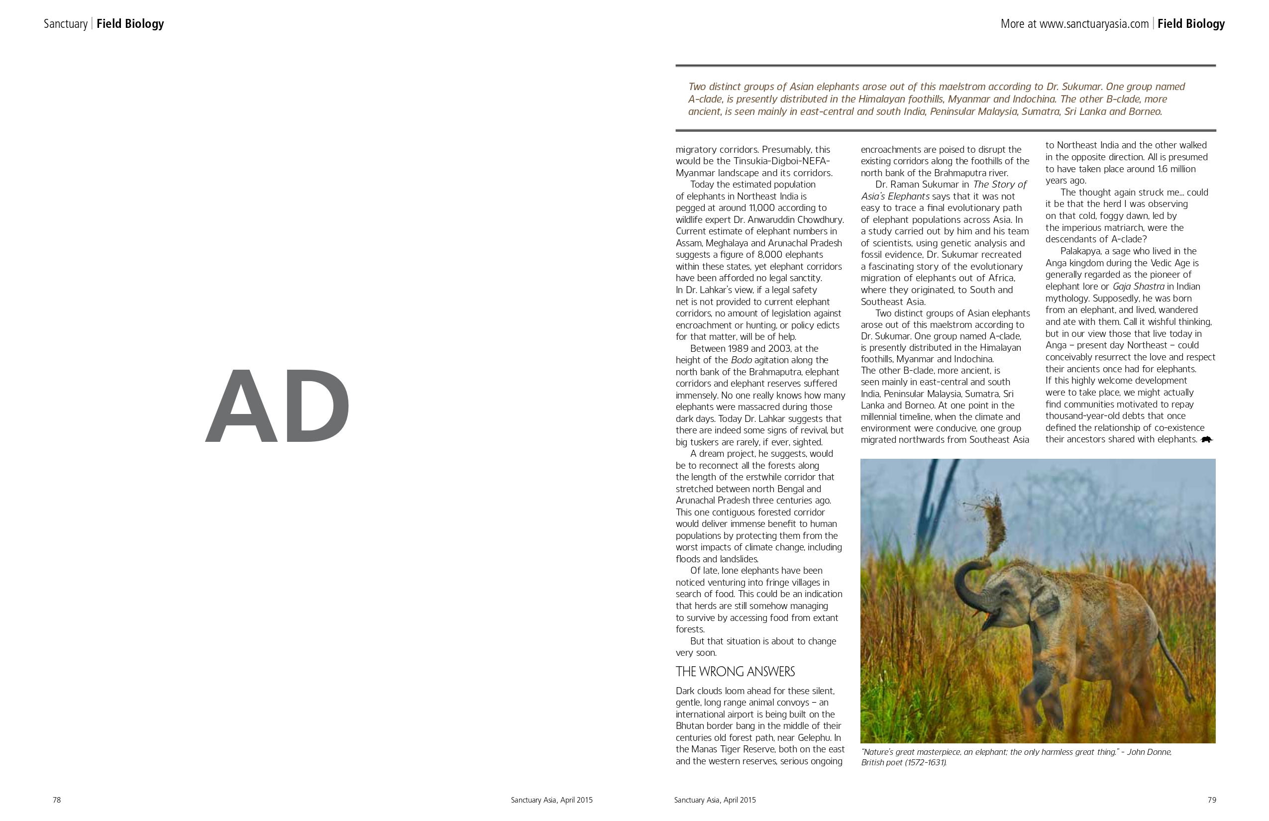 Article in Sancturary Asia, April 2015